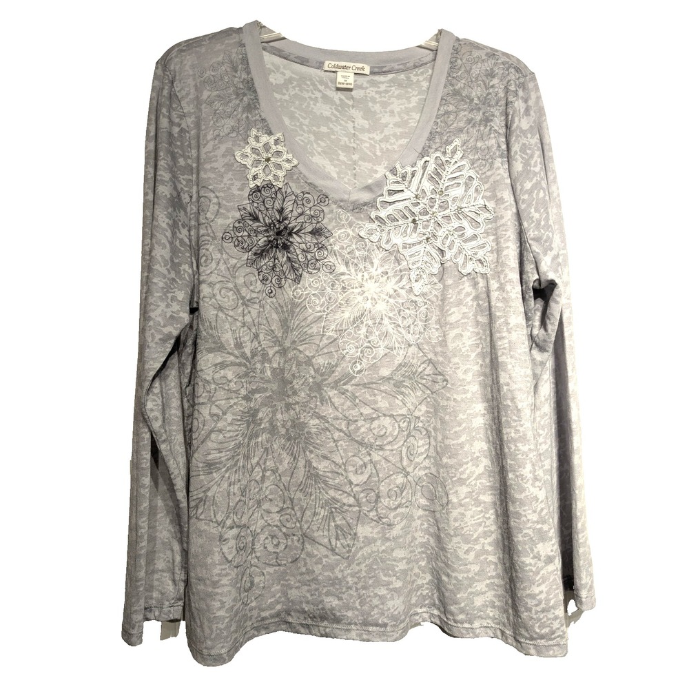 Coldwater Creek Women 1X Long Sleeve Snowflake Embroidered Semi Sheer Camo. Top